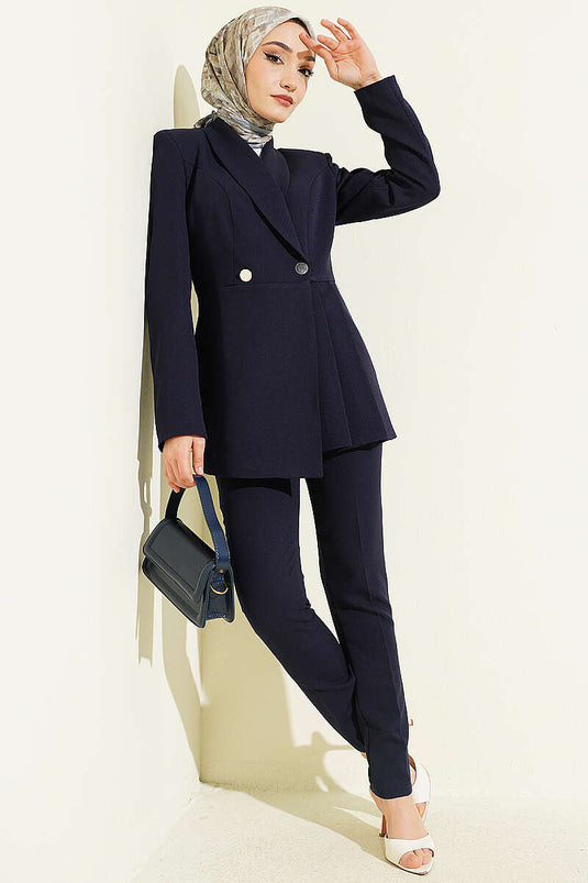 Navy Blue Two-Piece Set with Pile Detail Blazer Jacket