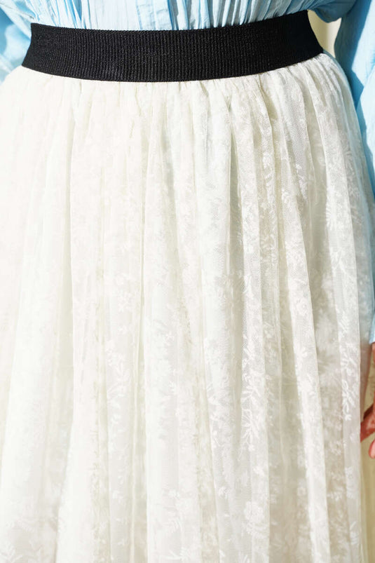 Skirt with Pile Detail and Floral Tulle, Off-White