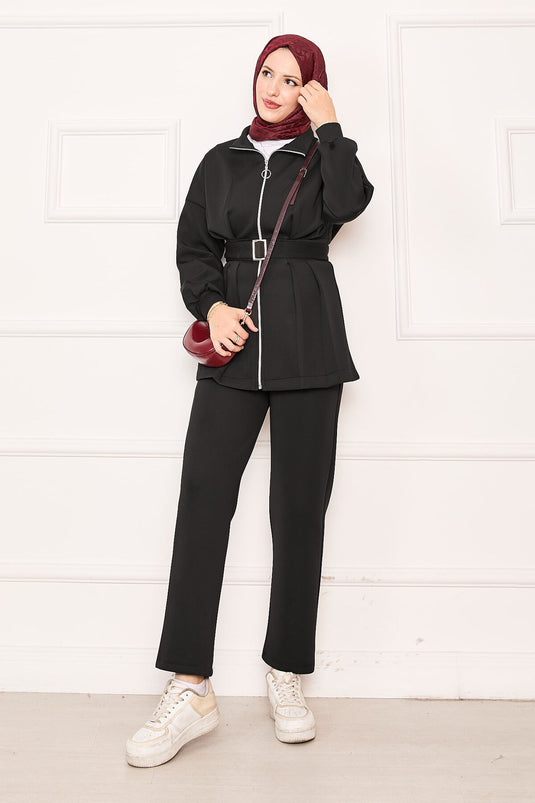 Pleated Detailed Zippered Two Piece Suit Black