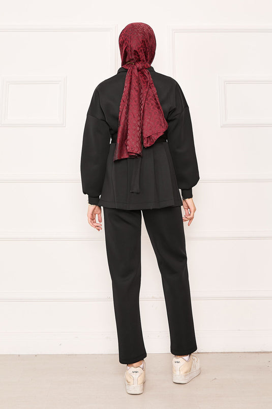 Pleated Detailed Zippered Two Piece Suit Black