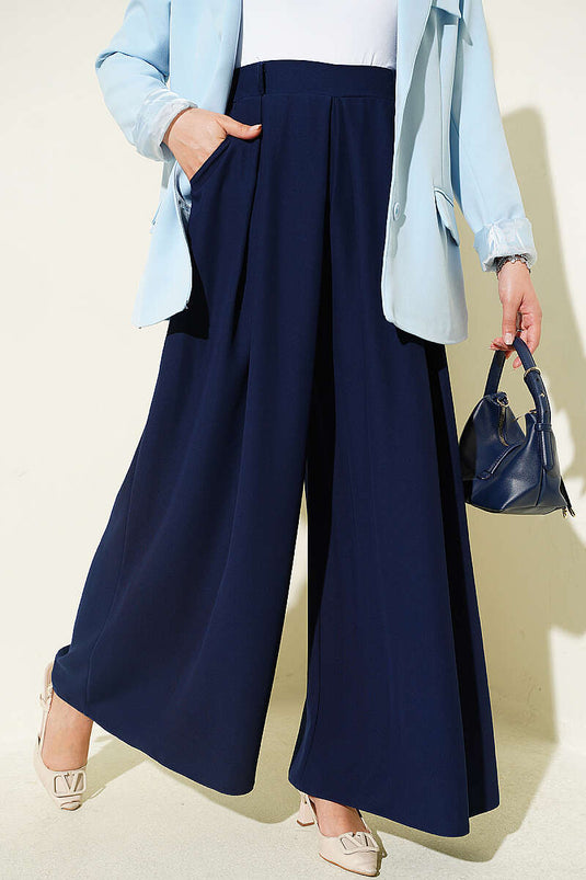 Pantalon Large À Pile Bleu Marine