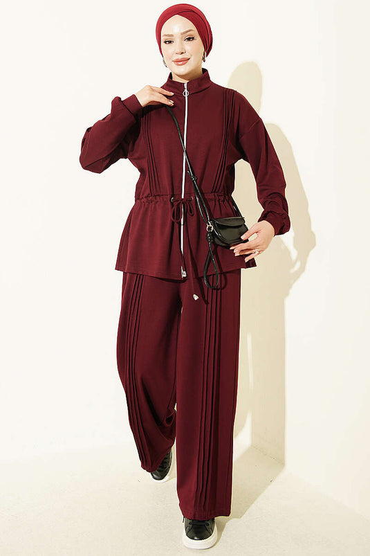 Burgundy Pile Detail Lace Two-Piece Set