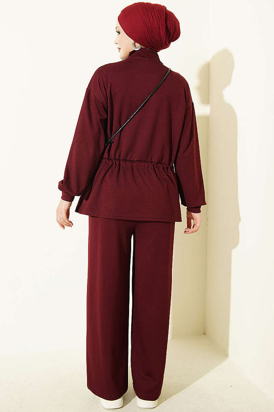 Burgundy Pile Detail Lace Two-Piece Set