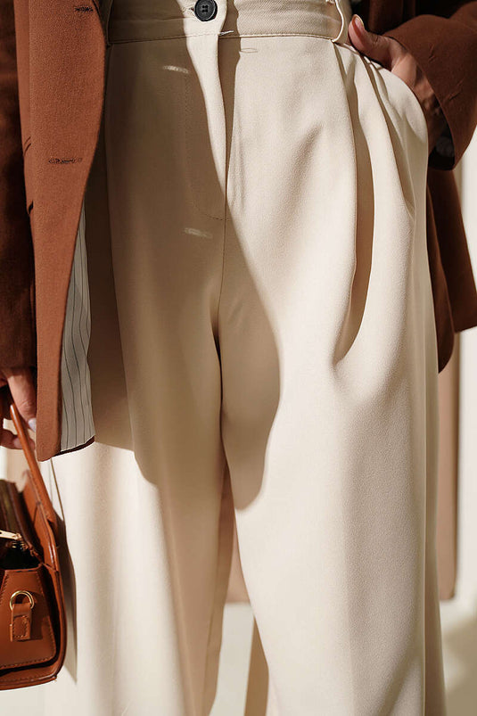 Pantalon Palazzo Beige À Détails En Peluche