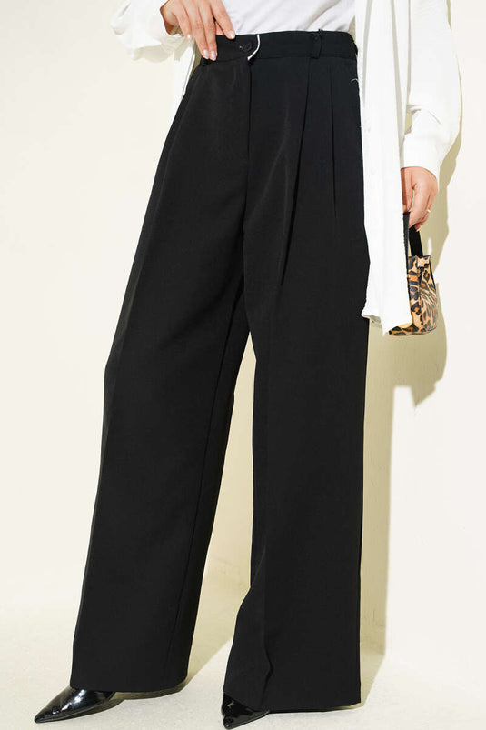 Pantalon Palazzo À Détails Pile Noir