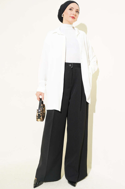 Pantalon Palazzo À Détails Pile Noir