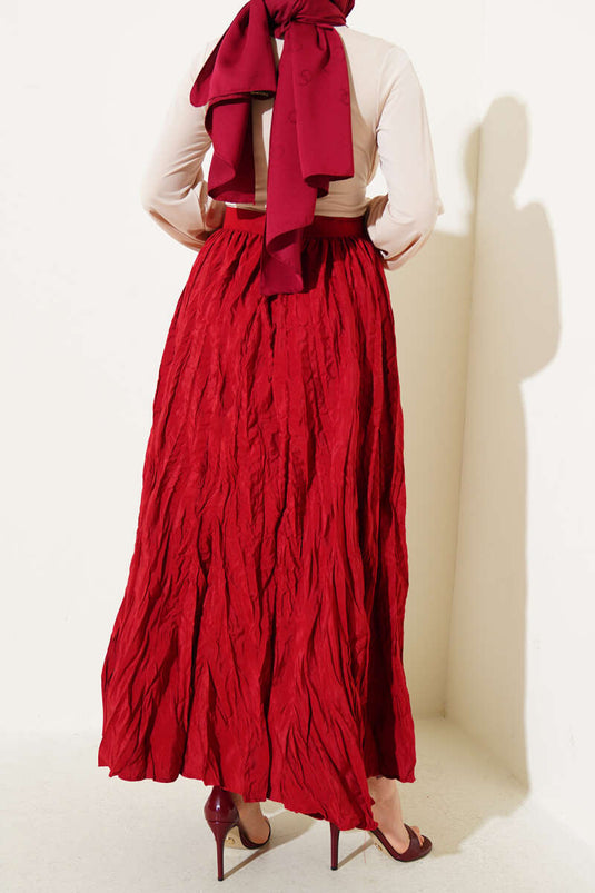 Pileli Bel Fermuarlı Kraş Etek Bordo