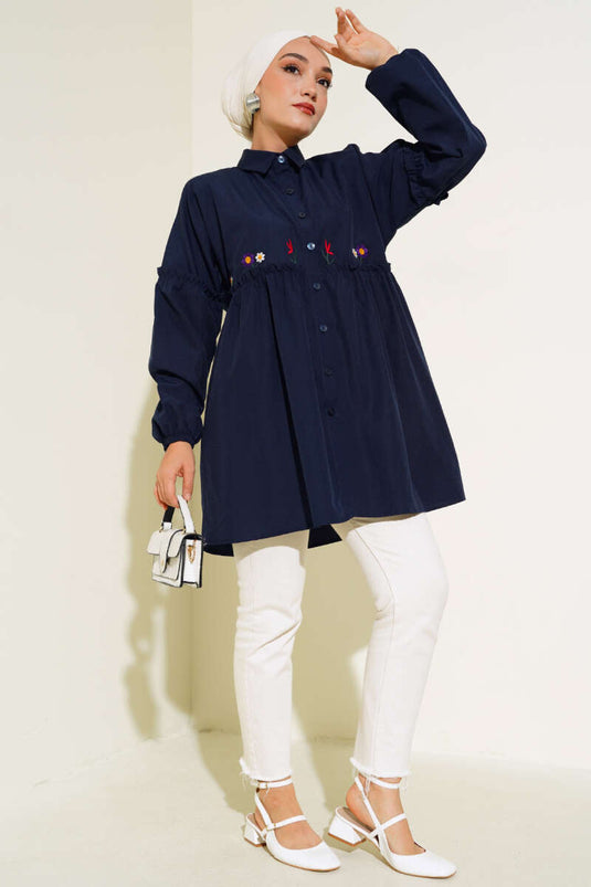 Chemise Plissée Brodée Florale Bleu Marine