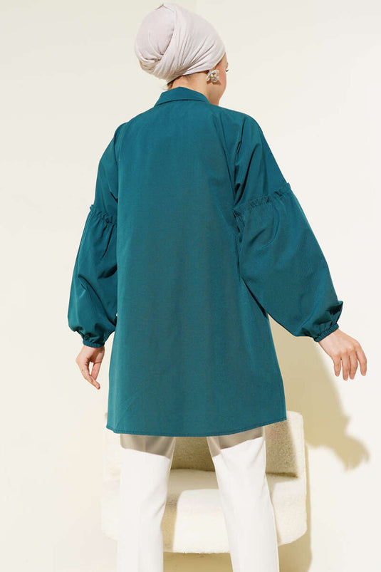 Chemise plissée brodée de fleurs Pétrole