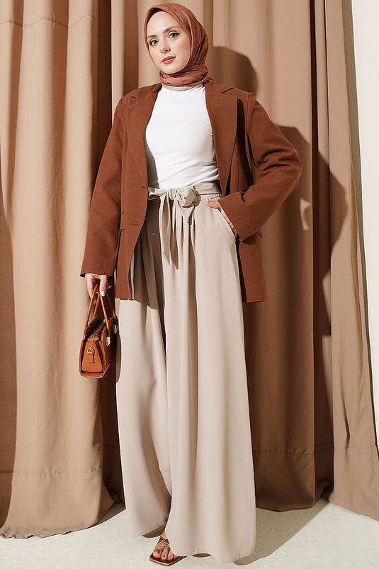 Beige Plissierte Weite-Hose Aus Stoff