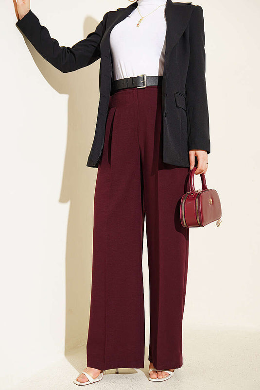 Pleated Buttoned Palazzo Pants Burgundy
