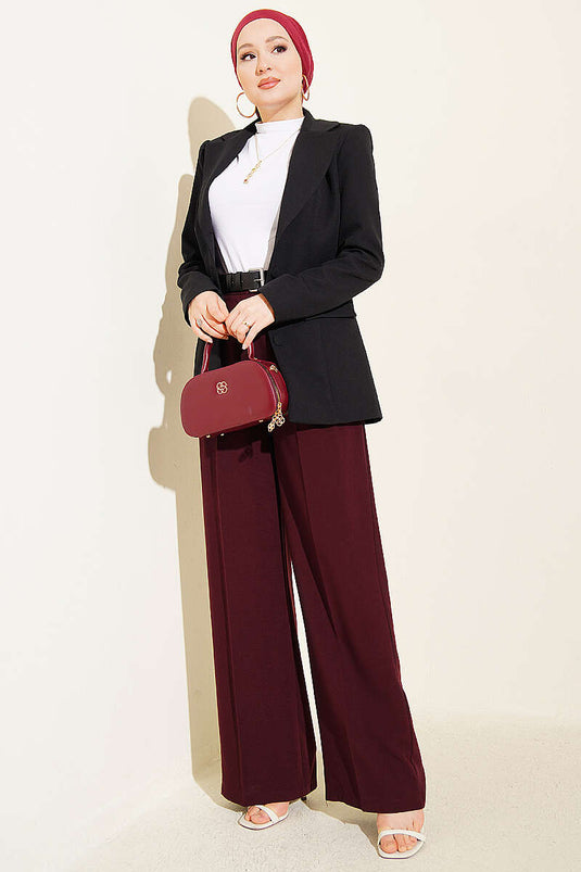 Pleated Buttoned Palazzo Pants Burgundy