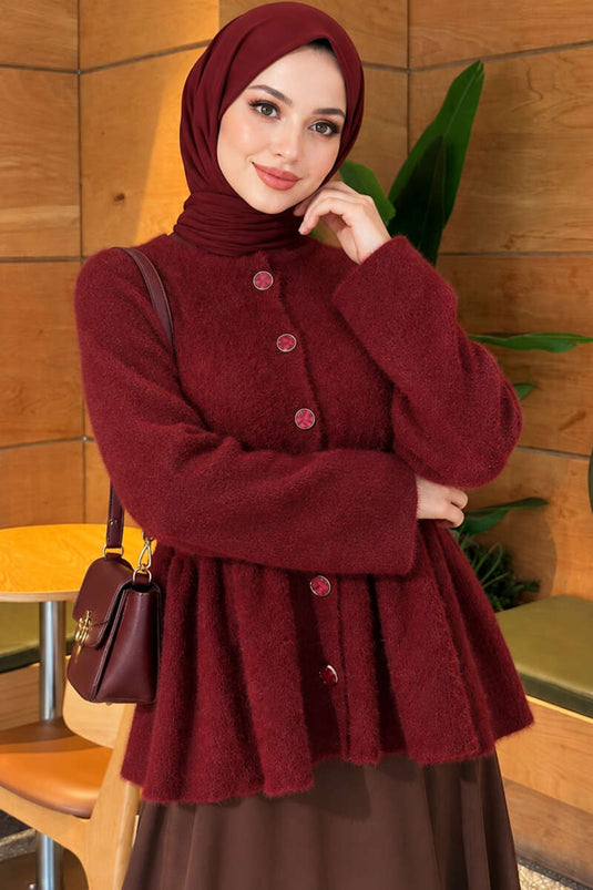 Cardigan A Pieghe Con Bottoni E Dettaglio Di Barba Color Bordeaux
