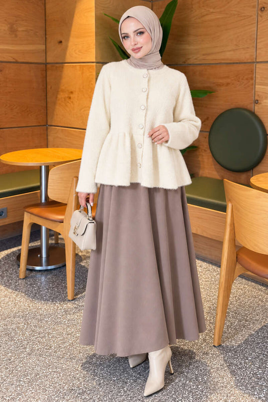 Cardigan Plissettato Con Bottoni E Ricami In Ecru