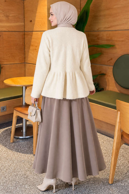 Cardigan Plissettato Con Bottoni E Ricami In Ecru