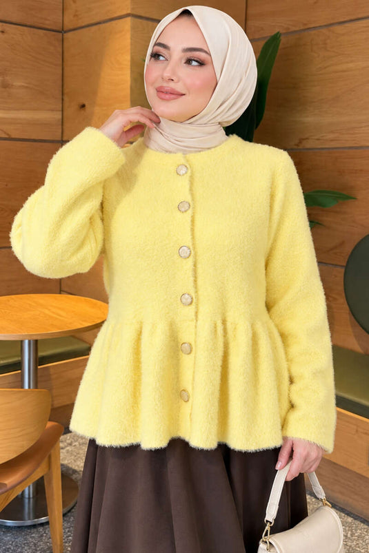 Cardigan Giallo A Piega Con Bottoni E Dettaglio Barba