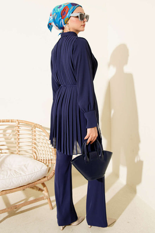 Pileli Düğmeli Şifon İkili Takım Lacivert