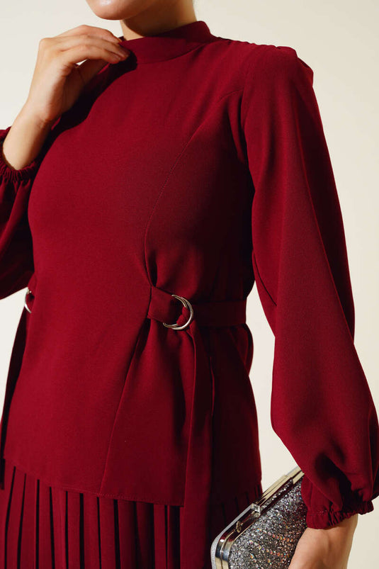 Pileli Etekli İkili Takım Bordo