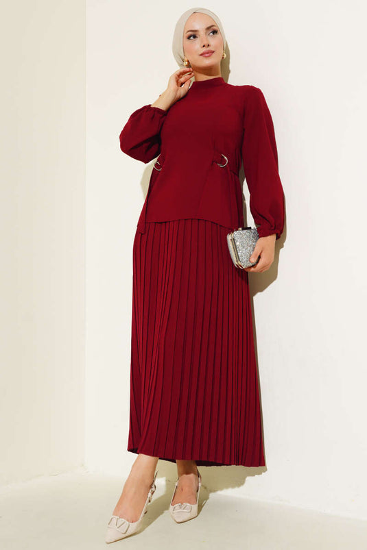 Pileli Etekli İkili Takım Bordo