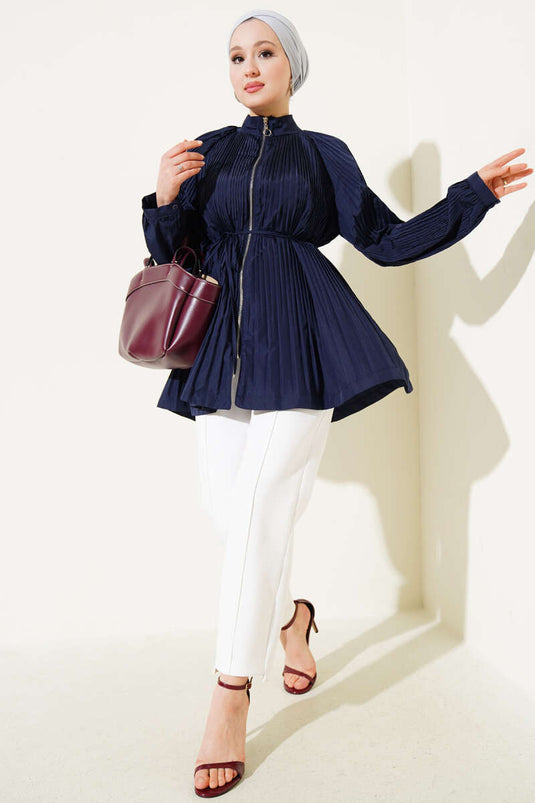 Pleated Zippered Coat Navy Blue