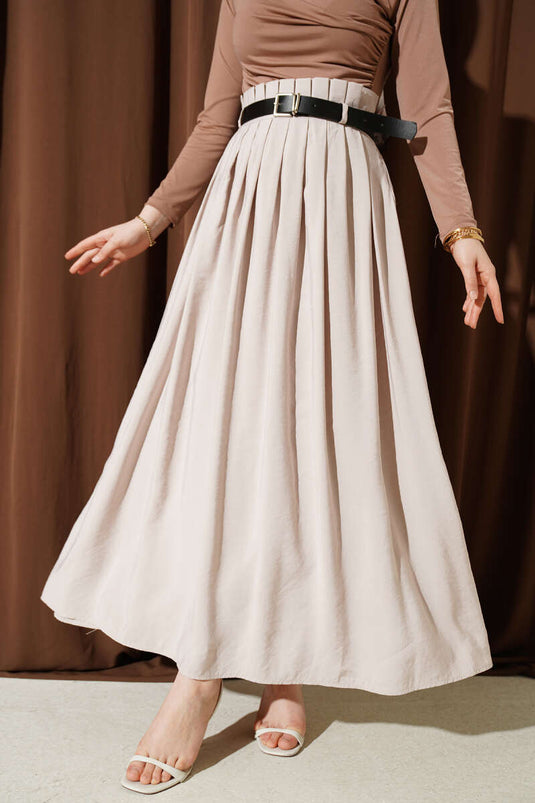 Pleated Belted Tencel Skirt Beige