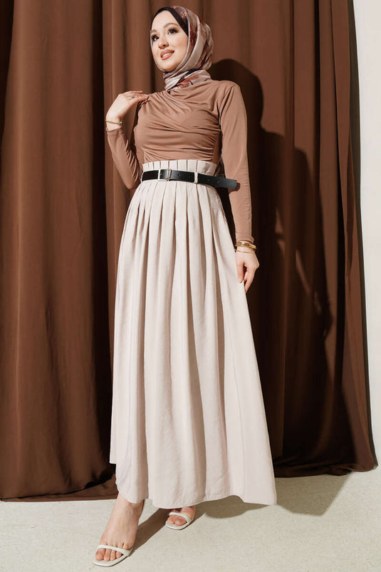 Pleated Belted Tencel Skirt Beige
