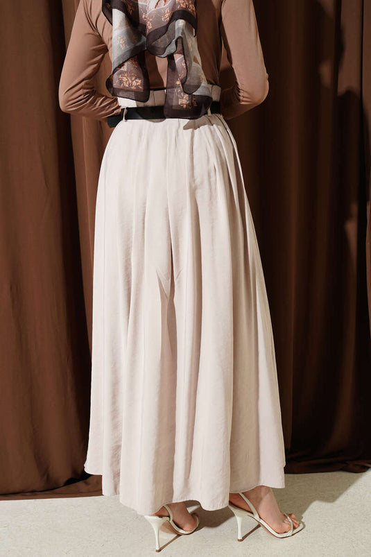 Pleated Belted Tencel Skirt Beige