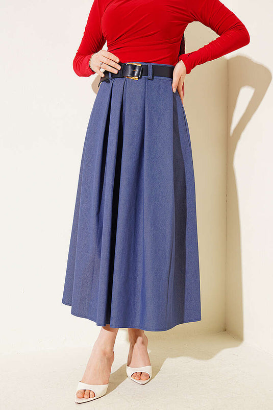 Pleated Belted Gabardine Flared Skirt Blue