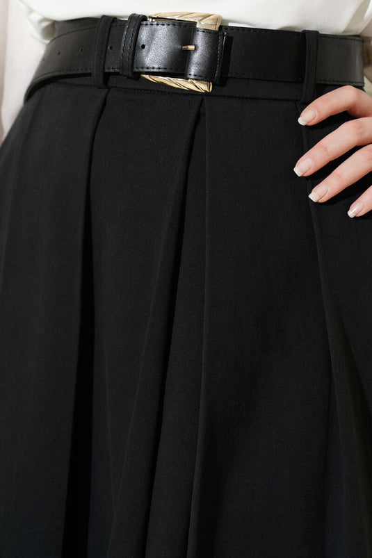 Black Pleated Belted Gabardine Flared Skirt