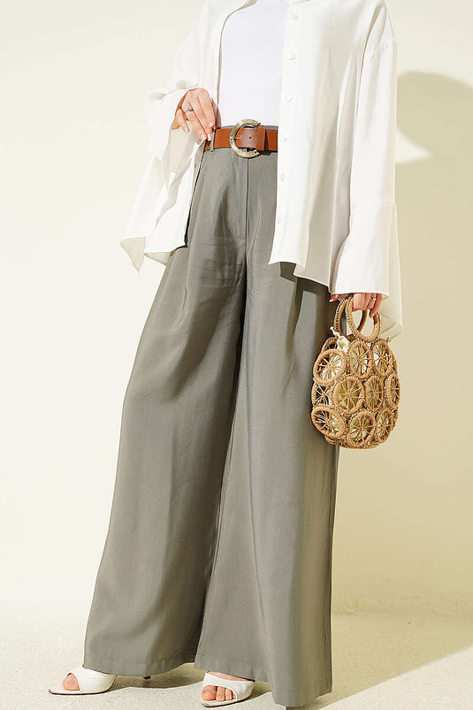 Pileli Kemerli Oversize Pantolon Haki