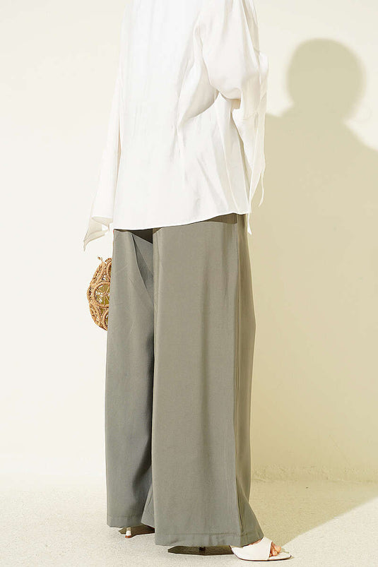 Pileli Kemerli Oversize Pantolon Haki