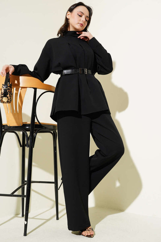 Costume deux pièces décontracté à ceinture plissée noir