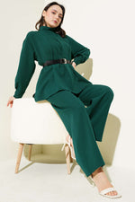Ensemble deux pièces décontracté avec ceinture plissée, vert