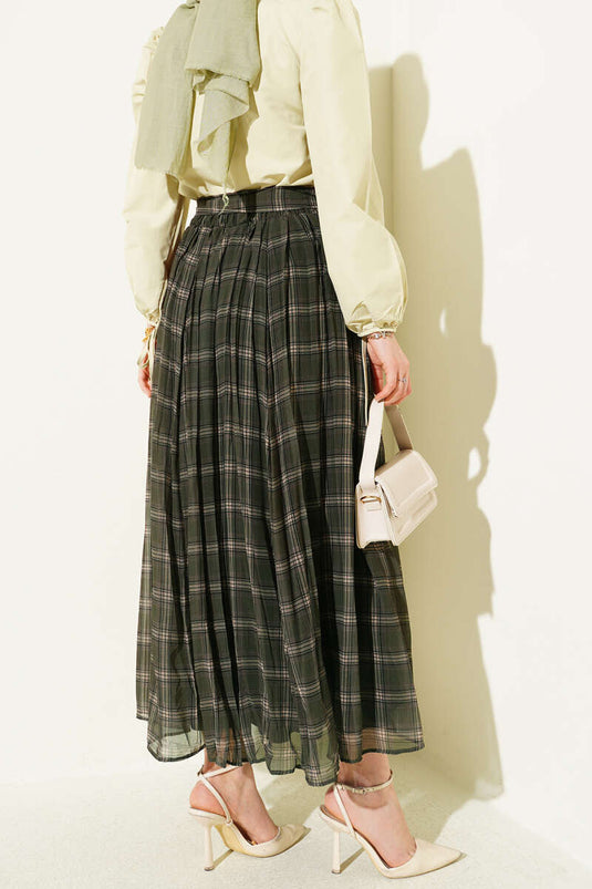 Pleated Belted Checked Chiffon Skirt Khaki