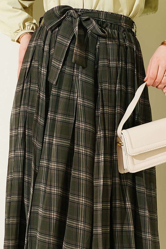 Pleated Belted Checked Chiffon Skirt Khaki