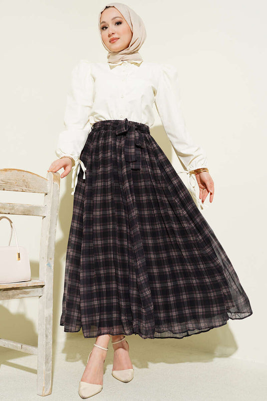 Pleated Belted Checked Chiffon Skirt Black