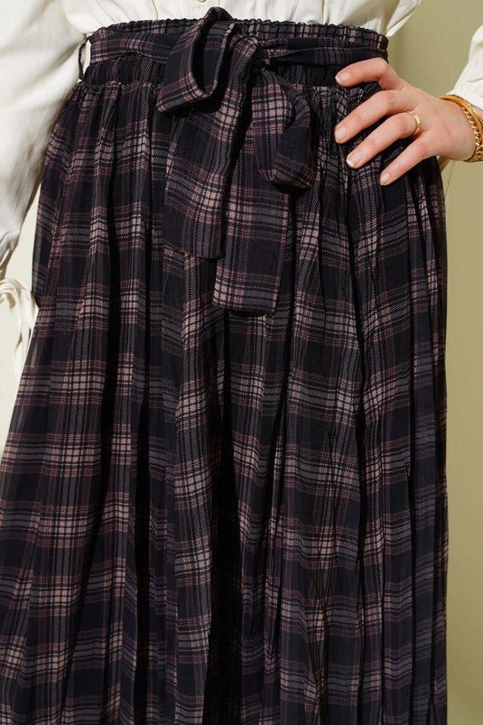 Pleated Belted Checked Chiffon Skirt Black
