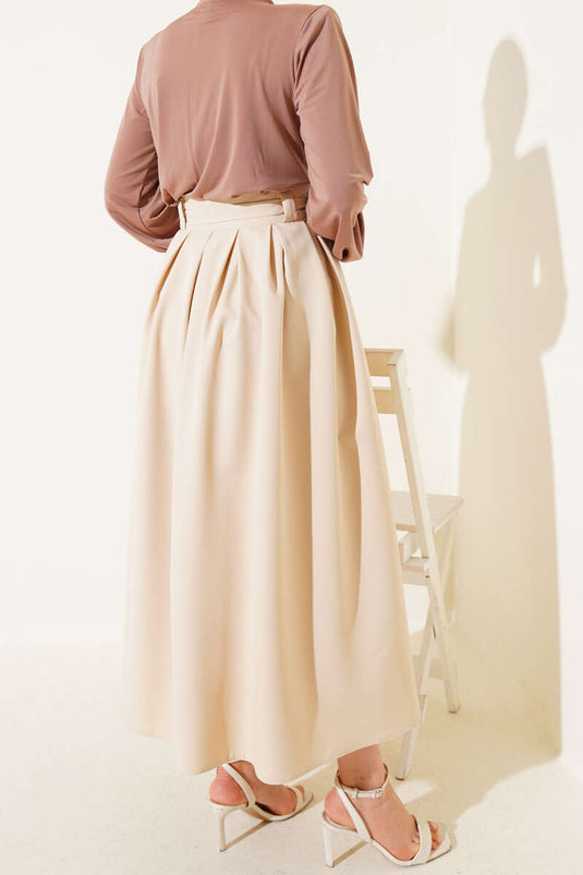 Pleated Belted Flared Skirt Beige