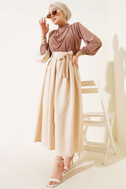 Pleated Belted Flared Skirt Beige
