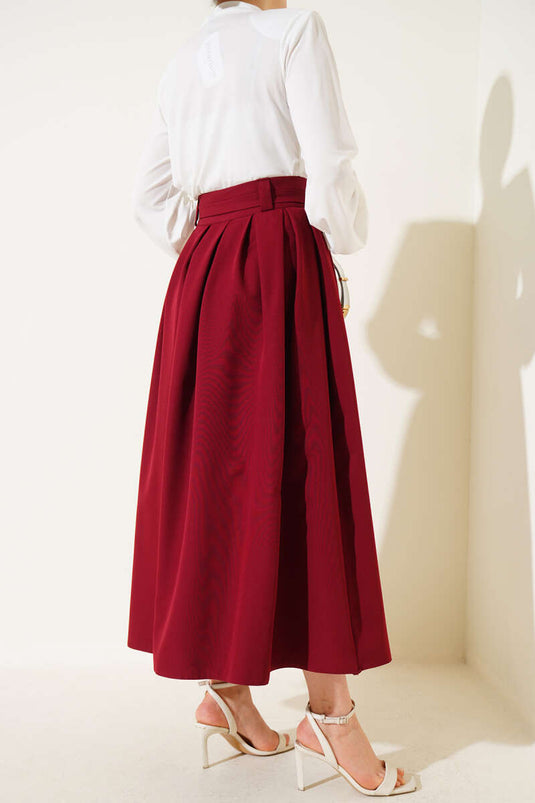 Pleated Belted Flared Skirt Burgundy