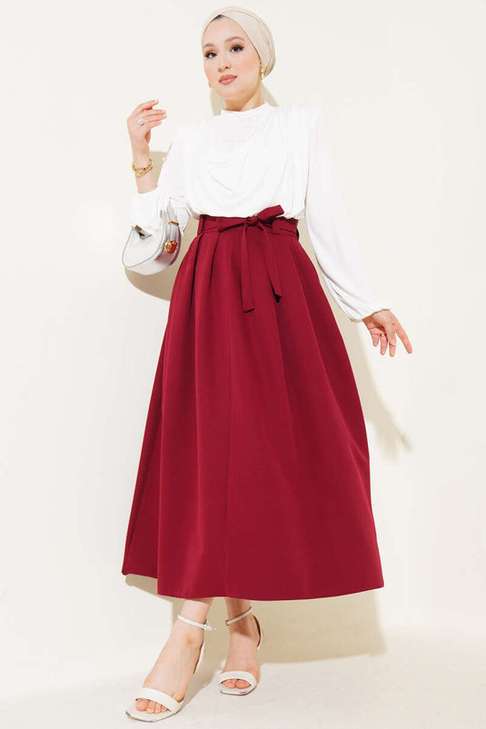 Pleated Belted Flared Skirt Burgundy