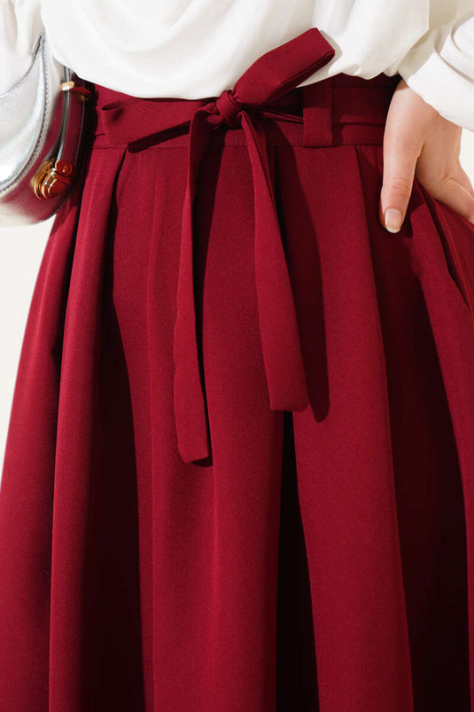 Pleated Belted Flared Skirt Burgundy