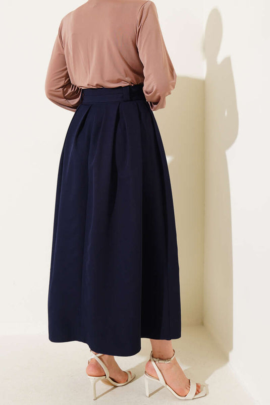 Pleated Belted Flared Skirt Navy Blue