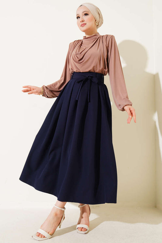 Pleated Belted Flared Skirt Navy Blue