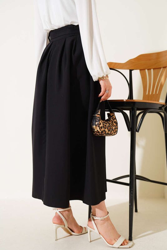 Pleated Belted Flared Skirt Black