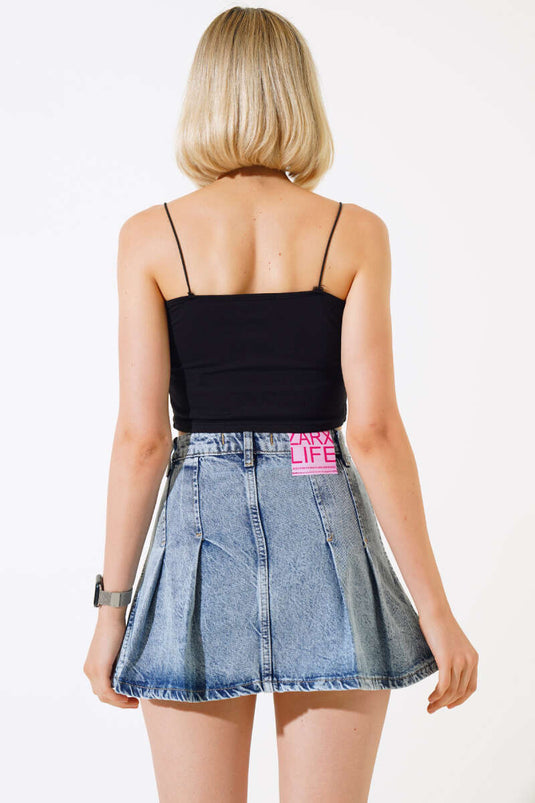 Pleated Mini Denim Skirt Light Blue
