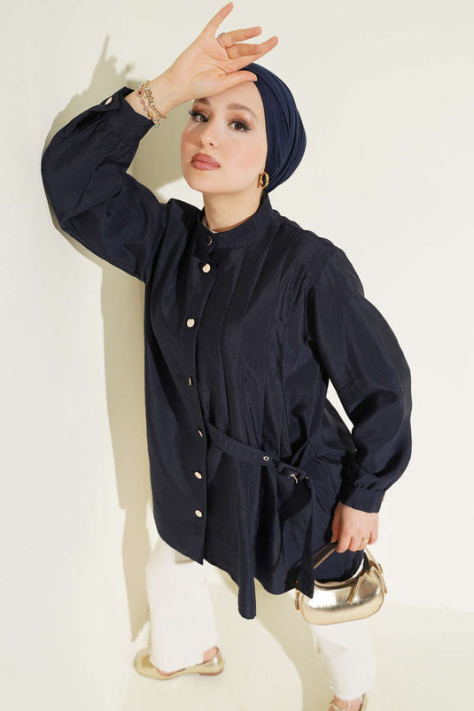 Pleated Buckle Shirt Navy Blue