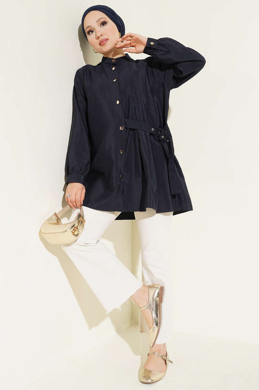 Pleated Buckle Shirt Navy Blue