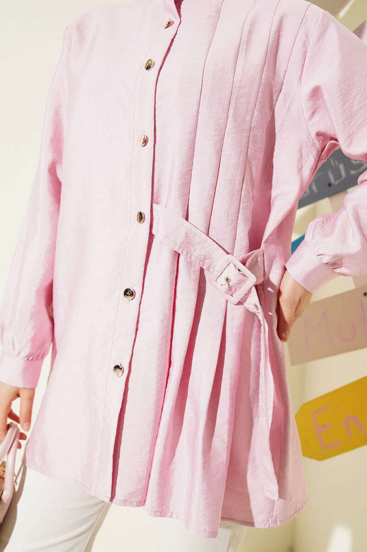 Pileli Tokalı Gömlek Pudra