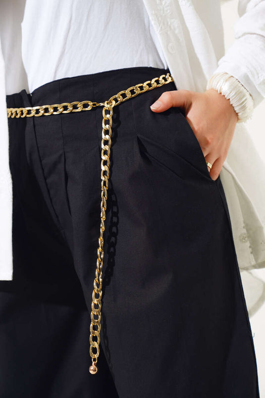 Pantalon Ceinturé Chaîne Plissée Noir